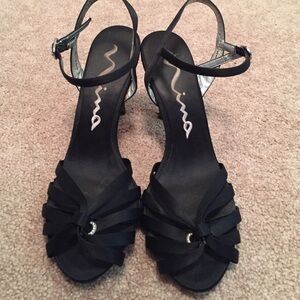 Nina Black Satin Open-Toe Heels with Ankle Strap
